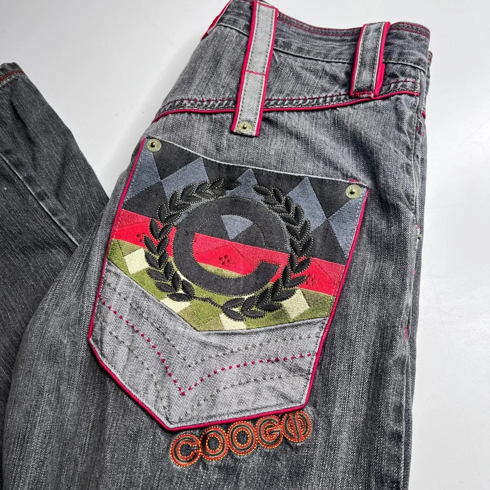 Coogi Jeans‎ Mens 36x34 Black Faded Denim Embroidered Patchwork Straight Leg Y2K